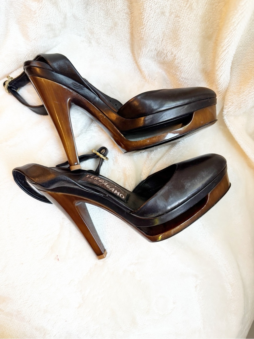 NWOT Salvatore Ferragamo Black Leather Peep-Toe Platform Heels